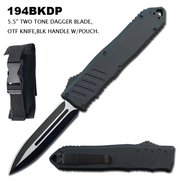 OTF AUtomatic Knife w/Sheath SS Dagger Blade/Black Rubberized Handle SKU 194BKDP