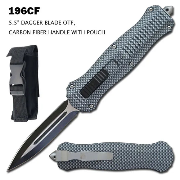 OTF Automatic Knife w/Sheath Black Dagger SS Blade/Carbon Fiber Coated Zinc Alloy Handle SKU 196CF