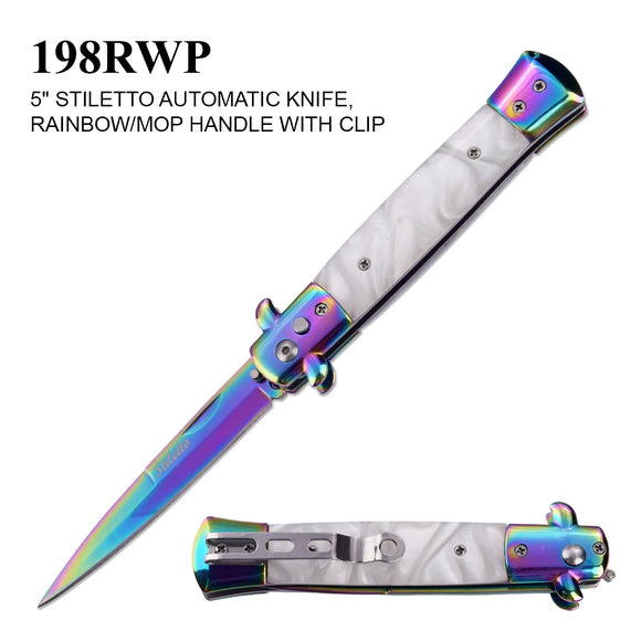 Stiletto Automatic Knife w/Safety Lock White Faux Marble Handle Rainbow Blade SKU 198RWP