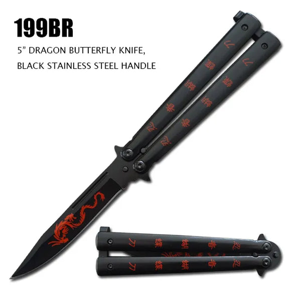 Butterfly Knife Red Dragon Stainless Steel Blade & Handle SKU 199BR