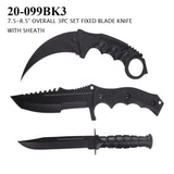 3 Piece Set Fixed Blade Knives w/Sheaths 7.5"- 8.5" Black Stainless-Steel Blades/Black ABS Handles SKU 20-099BK3
