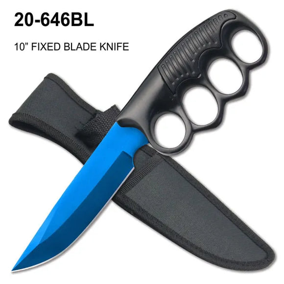 Fixed Blade Knife Blue Stainless Steel Blade/Black ABS Knuckles Handle with Sheath SKU 20-646BL