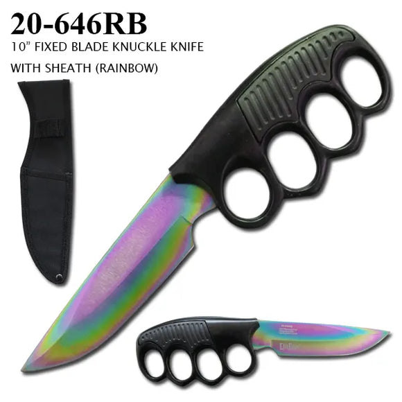 ElitEdge Fixed Blade Knife Rainbow Stainless Steel Blade/Black Zinc Alloy Knuckles Handle with Sheath SKU 20-646RB