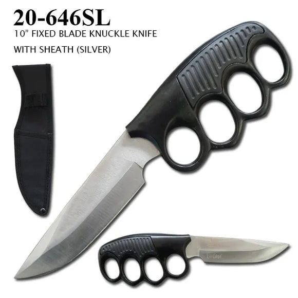 EliteEdge Fixed Blade Knife Silver Stainless Steel/Black Zinc Alloy Knuckles Handle with Sheath SKU 20-646SL