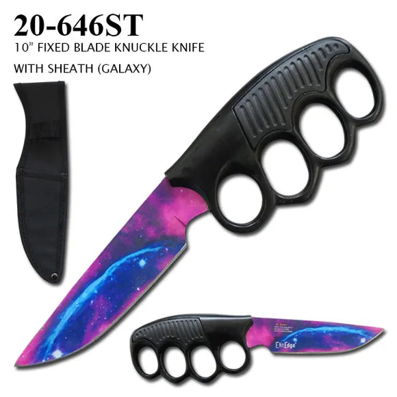 ElitEdge Fixed Blade Knife w/Sheath 3D Printed Galaxy SS Blade/Black Zinc Alloy Knuckles Handle SKU 20-646ST