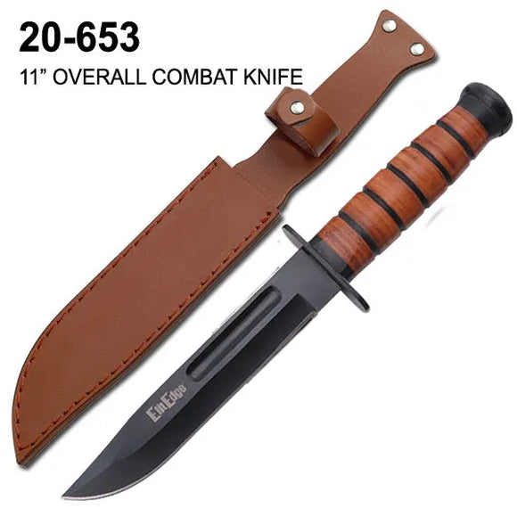 ElitEdge Combat Knife Black Stainless Steel Blade/Leather Wrap Handle with Leather Sheath SKU 20-653