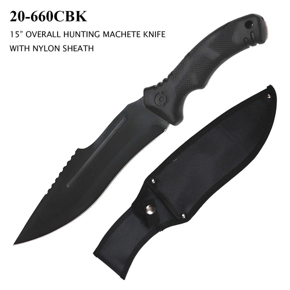 Fixed Blade Bowie Machete Knife w/Sheath Black SS Blade/Black Rubber Handle SKU 20-660CBK