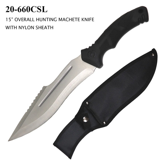 Fixed Blade Bowie Machete Knife w/Sheath SS Blade/Black Rubber Handle SKU 20-660CSL