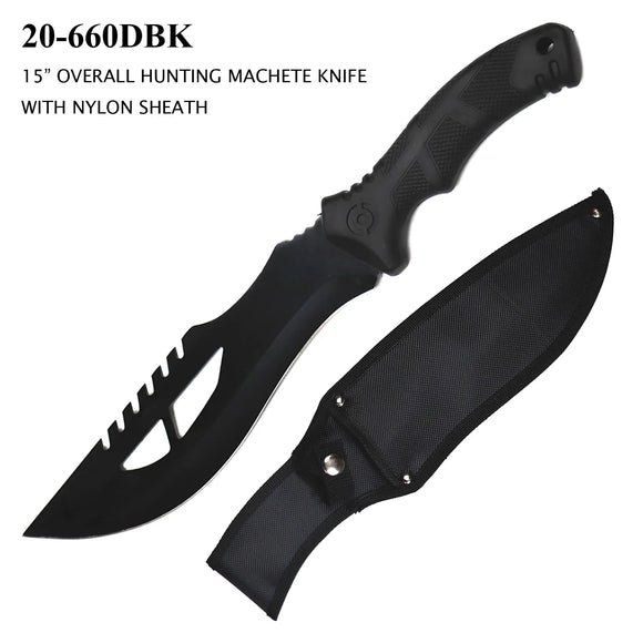 Fixed Blade Bowie Machete Knife w/Sheath Black SS Blade/Black Rubber Handle SKU 20-660DBK