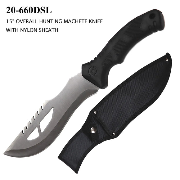 Fixed Blade Bowie Machete Knife w/Sheath SS Blade/Black Rubber Handle SKU 20-660DSL