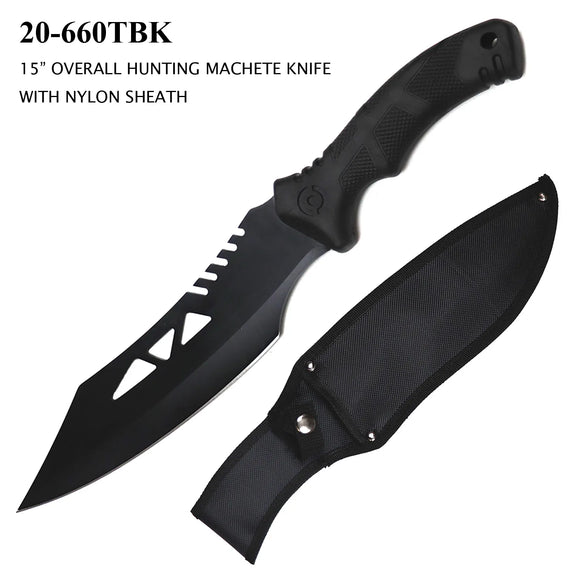 Fixed Blade Bowie Machete Knife w/Sheath Black SS Blade/Black Rubber Handle SKU 20-660TBK