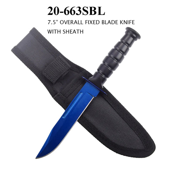 Fixed Blade Combat Knife w/Sheath Blue SS Blade/Black ABS Handle SKU 20-663SBL