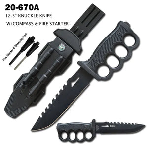 EliteEdge Fixed Blade Knife with Reverse Serrated Blade/Knuckles Handle Includes Firestarter and Sharpening Rod SKU 20-670A