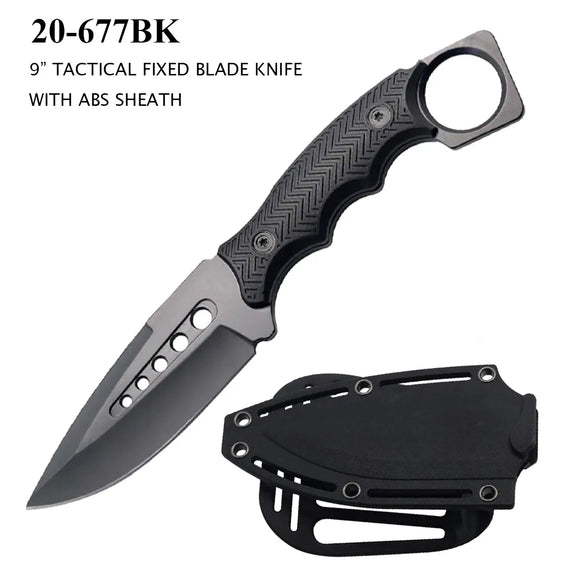 Fixed Blade Tactical Knife w/Sheath Black SS Blade/Nylon Fiber Handle SKU 20-677BK