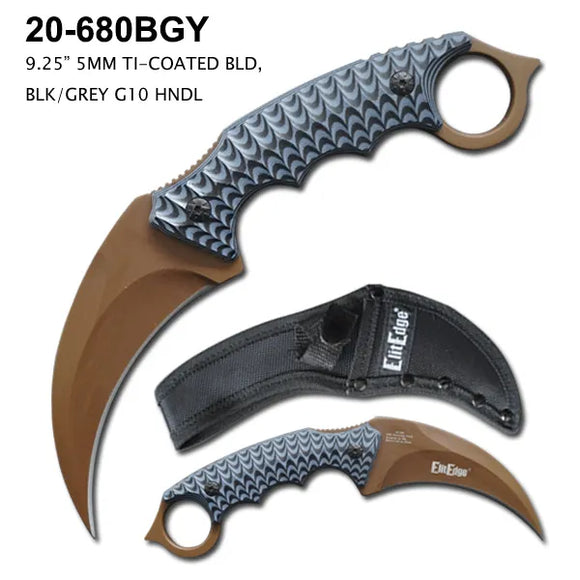 ElitEdge Fixed Blade Karambit Knife Brown Stainless Steel Blade/CNC Two Tone G10 Handle SKU 20-680BGY