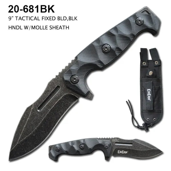 ElitEdge Fixed Blade Knife Stone Washed Stainless Blade/CNC Black Nylon Handle with Sheath SKU 20-681BK