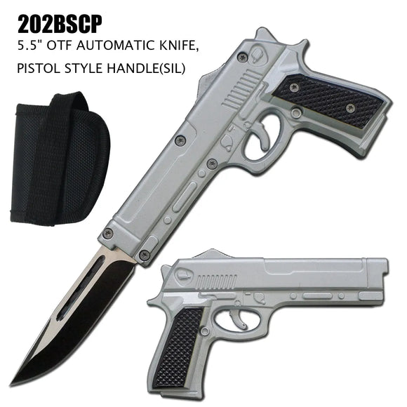 OTF Gun Knife 440C Stainless Steel Blade/Silver Zinc Alloy Coated Handle SKU 202BSCP