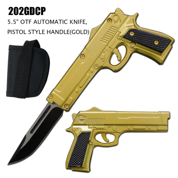 OTF Gun Knife 440C Stainless Steel Blade/Gold Zinc Alloy Coated Handle SKU 202GDCP