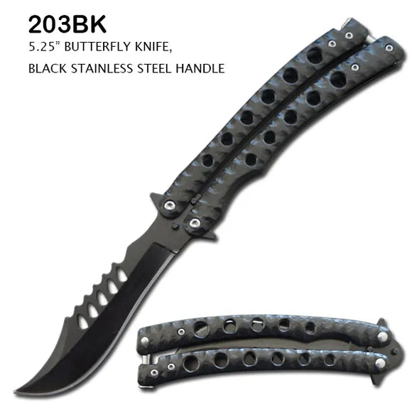 Butterfly Knife Black SS Curved Blade/Black Curved Handle SKU 203BK