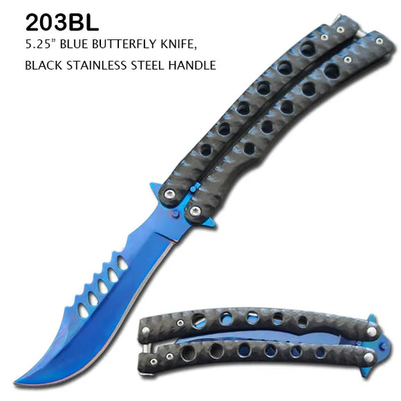 Butterfly Knife Blue SS Curved Blade/Black Curved Handle SKU 203BL