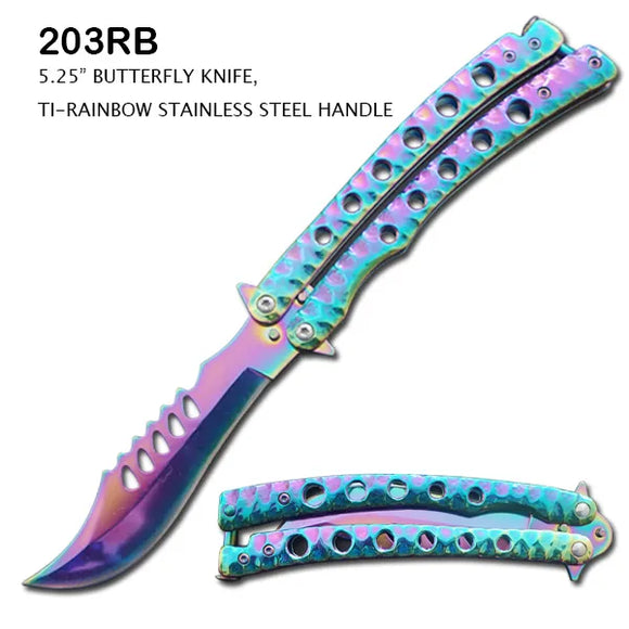Butterfly Knife Curved Rainbow Ti Coated SS Blade/Rainbow Curved Handle SKU 203RB