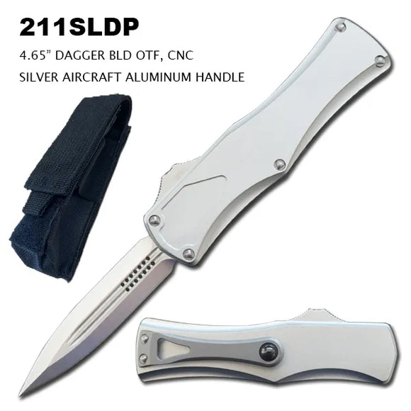 Side Switch OTF Knife w/Sheath 440C 7CR13 Stainless-Steel Dagger Blade/Silver CNC Aircraft Aluminum Handle SKU 211SLDP