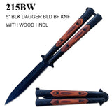 Butterfly Knife Black Stainless-Steel Blade & Handle with Wood Inserts SKU 215BW