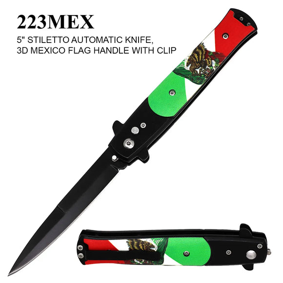 Automatic Knife Stiletto Style w/Safety Lock Mexican Flag SKU 223MEX