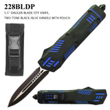 Armed Force Tactical OTF Knife w/Sheath Black Stainless-Steel Dagger Blade/Black & Blue Zinc Alloy Handle SKU 228BLDP