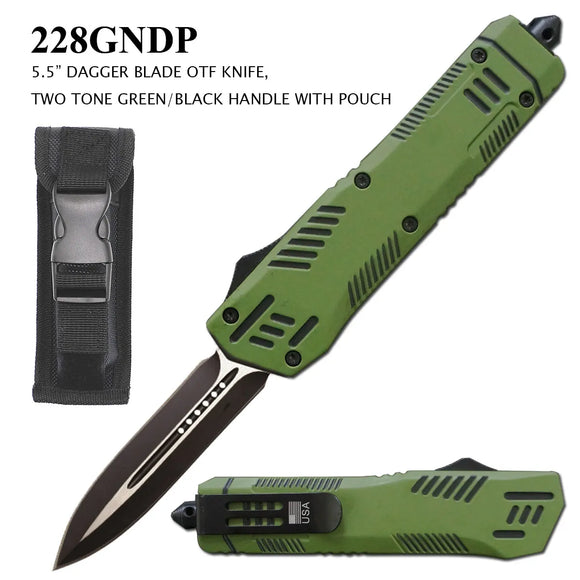 Armed Force Tactical OTF Knife w/Sheath Black Stainless-Steel Dagger Blade/Green & Black Zinc Alloy Handle SKU 228GNDP