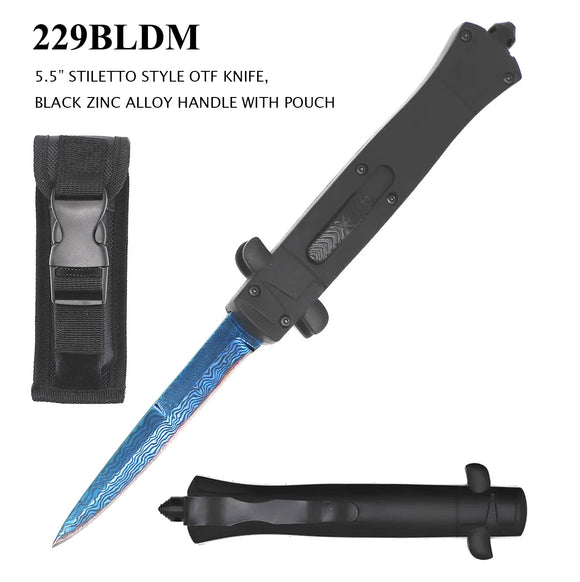 OTF Stiletto Style Knife Blue Titanium Coated Blade/Black Zinc Alloy Handle SKU 229BLDM