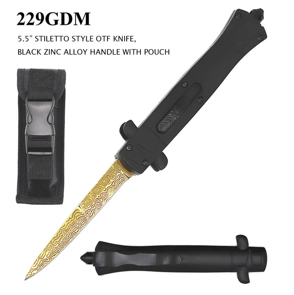 OTF Stiletto Style Knife Gold Titanium Coated Blade/Black Zinc Alloy Handle SKU 229GDDM