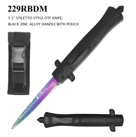 OTF Stiletto Style Knife Rainbow Titanium Coated Blade/Black Zinc Alloy Handle SKU 229RBDM