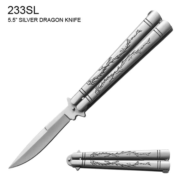 Butterfly Knife Silver Dragon Stainless Steel Blade & Handle SKU 233SL