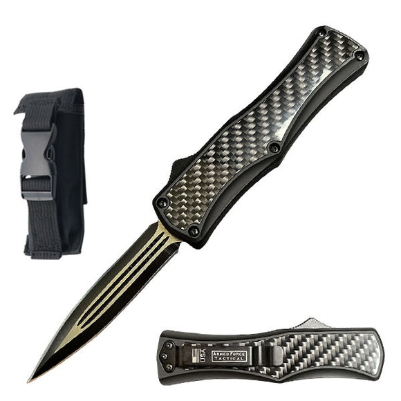 Armed Force Tactical OTF Knife w/Sheath Black Stainless-Steel Blade/Black Carbon Fiber Handle SKU 238BK