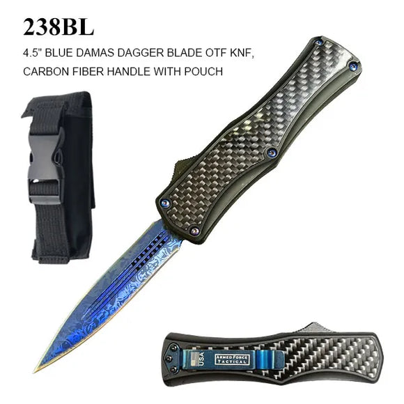 Armed Force Tactical OTF Knife w/Sheath Blue Stainless-Steel Blade/Black Carbon Fiber Handle SKU 238BL
