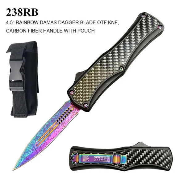 Armed Force Tactical OTF Knife w/Sheath Rainbow Stainless-Steel Blade/Black Carbon Fiber Handle SKU 238RB