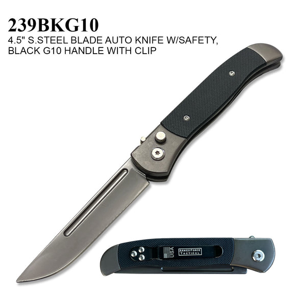 Armed Force Tactical Automatic Knife w/Safety Lock 440C Stainless-Steel Blade/Stainless-Steel Handle with Black G10 Inserts SKU 239BKG10