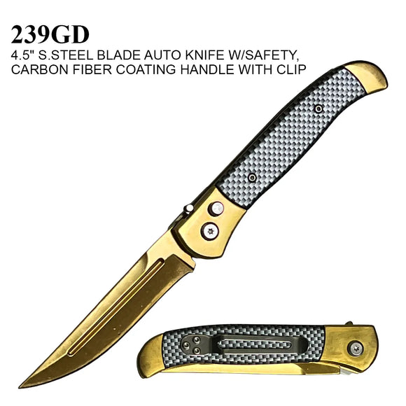 Armed Force Tactical Automatic Knife w/Safety Lock Gold/Black SKU 239GD