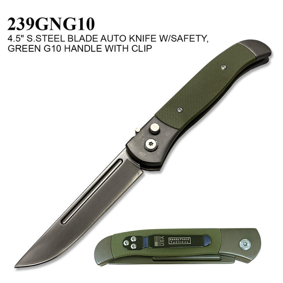 Armed Force Tactical Automatic Knife w/Safety Lock 440C Stainless-Steel Blade/Stainless-Steel Handle with Green G10 Inserts SKU 239GNG10