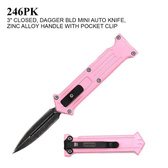 Mini OTF Knife Stainless Steel Dagger Blade/Pink Zinc Alloy Handle SKU 246PK