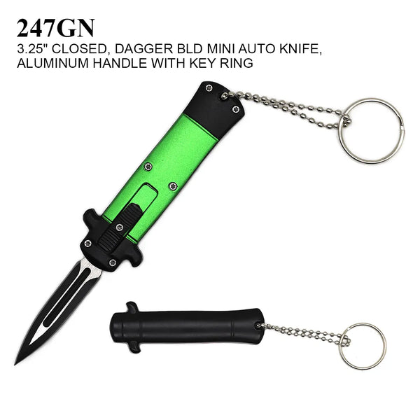 Mini OTF Keychain Knife Stainless Steel Dagger Blade/Green Aluminum Handle SKU 247GN