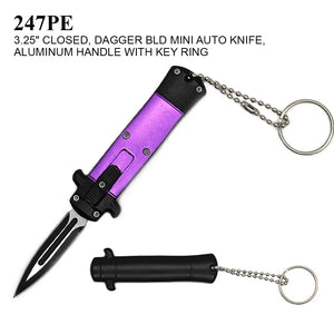Mini OTF Keychain Knife Stainless Steel Dagger Blade/Purple Aluminum Handle SKU 247PE