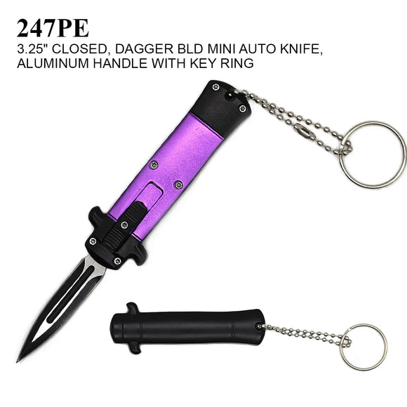 Mini OTF Keychain Knife Stainless Steel Dagger Blade/Purple Aluminum Handle SKU 247PE