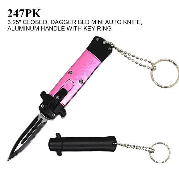 Mini OTF Keychain Knife Stainless Steel Dagger Blade/Pink Aluminum Handle SKU 247PK