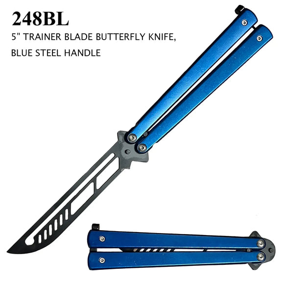 Butterfly Training Knife Black Stainless Steel Blade/Blue Handle SKU 248BL