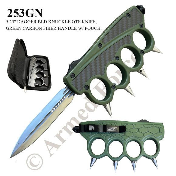 Armed Force Tactical OTF Spiked Knuckles Knife Stainless Steel Blade/Green Zinc Alloy Carbon Fiber Inserts Handle SKU 253GN