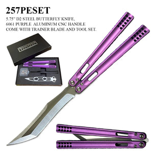 D2 SS Butterfly Knife Set with Training Blade Alum. Handle Purple SKU 257PESET