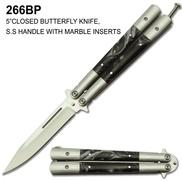 Butterfly Knife Stainless Steel Blade & Handle w/Black Pearl Resin Inserts SKU 266BP