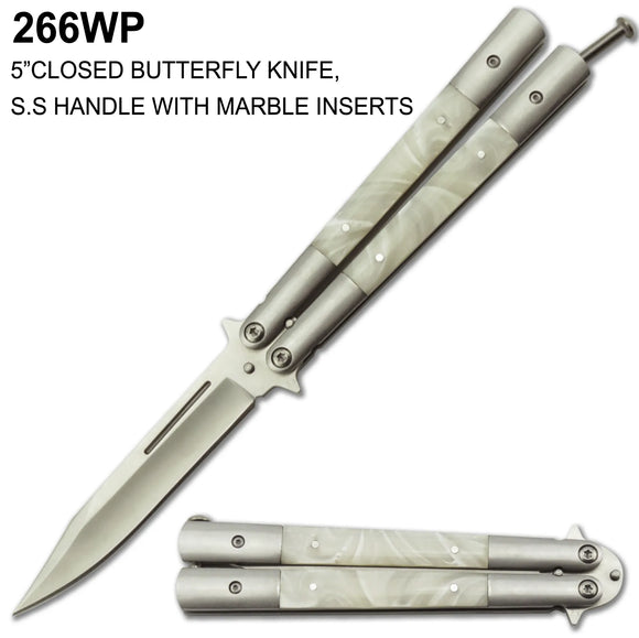 Butterfly Knife Stainless Steel Blade & Handle w/White Pearl Resin Inserts SKU 266WP